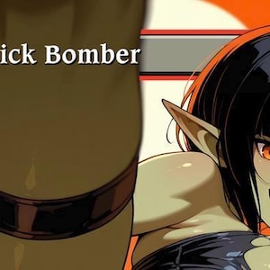 Könnte beinhalten: Anime-Illustration eines Charakters mit spitzen Ohren, schwarzen Haaren und orangefarbenen Augen. Der Charakter hat ein schelmisches Grinsen und trägt dunkle Kleidung. Der Text "Dropkick Bomber" wird in einem Banner angezeigt.