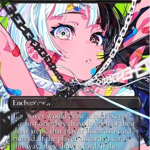 Könnte beinhalten: Eine Sammelkarte mit dem Titel "Chains of Mephistopheles" zeigt eine farbenfrohe Anime-Illustration einer Person mit weißem und schwarzem Haar, Ketten und leuchtenden Augen. Der Text beschreibt eine Spielmechanik.