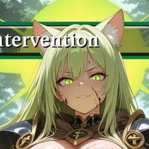 May include: A digital art card labelled "Heroic Intervention" depicting an anime-style female character with cat ears, green hair, and green eyes. The character has a small scar and wears armour. The background shows a forest with a green glow.