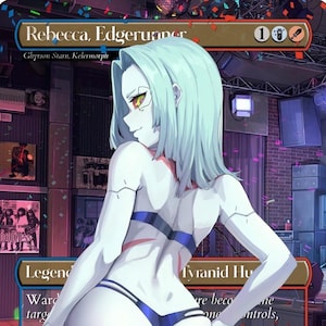 Könnte beinhalten: Illustration eines Charakters aus "Rebecca, Edgerunner" mit blasser Haut, hellblauen Haaren und gelben Augen. Der Charakter trägt einen blauen Bikini. Der Hintergrund zeigt eine Bar mit Postern und einer Discokugel. Text enthält "Rebecca, Edgerunner" und "Legend".