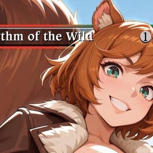 Puede incluir: Ilustración de estilo anime de una mujer con orejas y cola de zorro. Lleva una chaqueta marrón con cuello de piel blanca. El texto "Rhythm of the Wild" se muestra encima de ella. La imagen tiene un tema de fantasía.