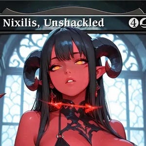 Op de afbeelding: Een fantasy art kaart met een roodhuidige demon met zwart haar, hoorns en gele ogen. De kaart is gelabeld "Ob Nixilis, Unshackled" met manasymbolen. De demon draagt een zwarte outfit met rode accenten.