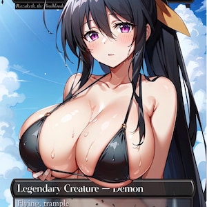 May include: A digital illustration of a female anime character, Akeno, the Foulbloode, wearing a black bikini. The card is labeled "Legendary Creature - Demon" with abilities: Flying, trample. The card's power and toughness are 8/8.