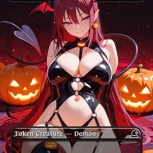 Puede incluir: Ilustración digital de un personaje demonio femenino con cabello rojo, alas de murciélago y orejas puntiagudas. El personaje viste un atuendo negro y está rodeado de calabazas de Halloween. La carta dice "Demon" y "Token Creature - Demon" con "Flying" debajo.