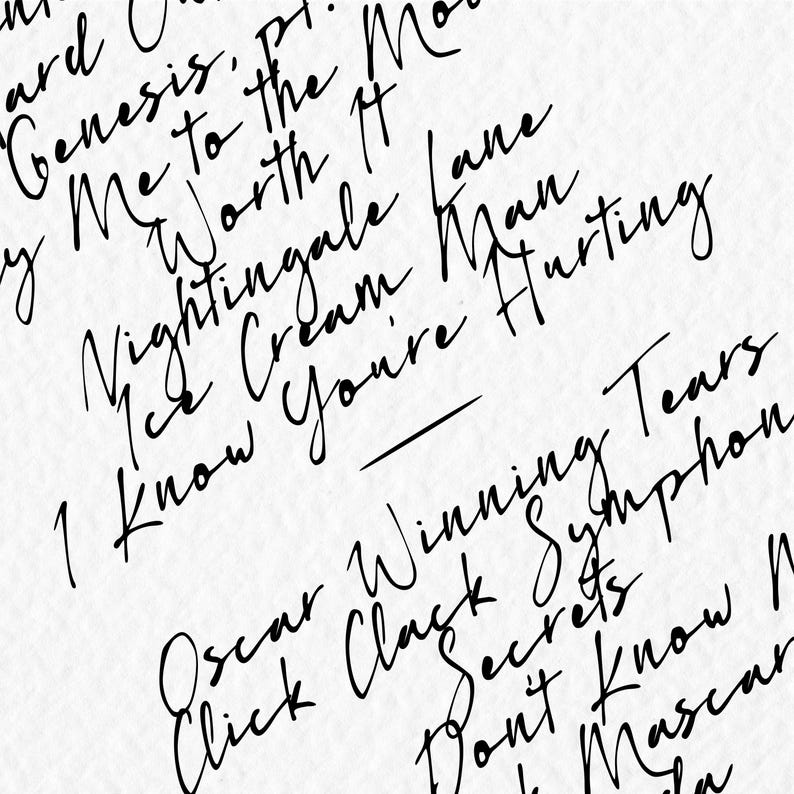 K&ouml;nnte beinhalten: Nahaufnahme eines wei&szlig;en Hintergrunds mit handschriftlichem schwarzem Text. Der Text enth&auml;lt S&auml;tze wie "Genesis", "Nightingale Lane" und "Winning Tears". Die Schrift ist kursiv.