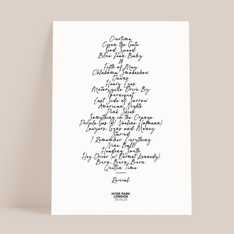 Zach Bryan - 2025 UK Tour Concert Setlist Print 29.06.25 B&W
