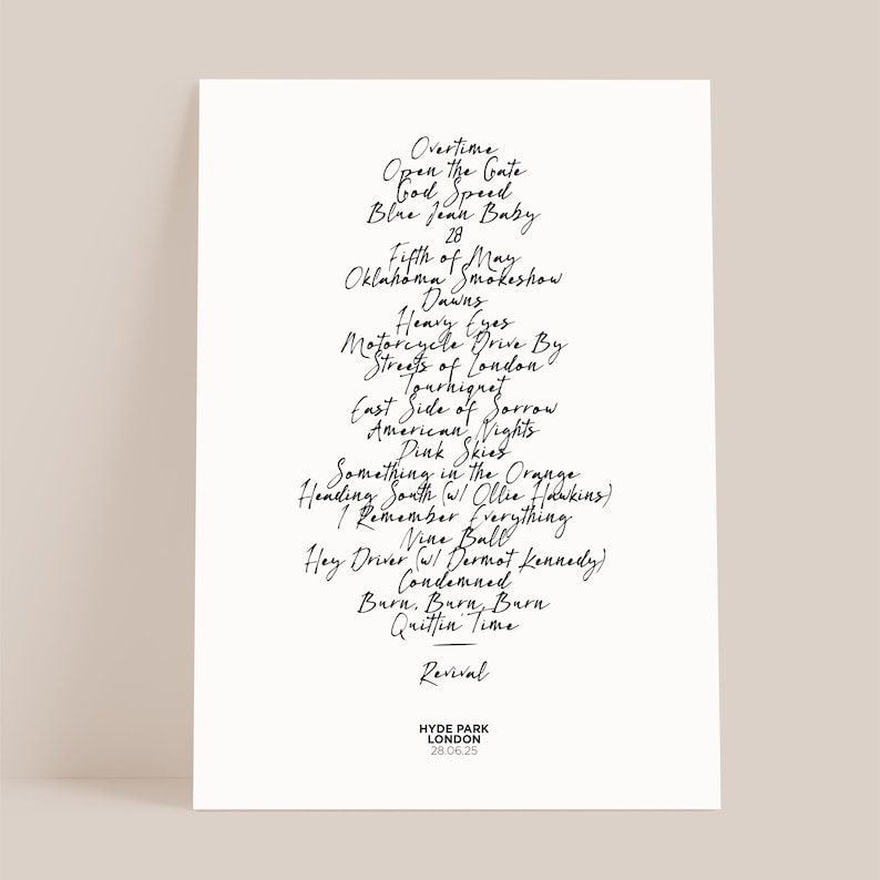 Zach Bryan - 2025 UK Tour Concert Setlist Print 28.06.25 B&W