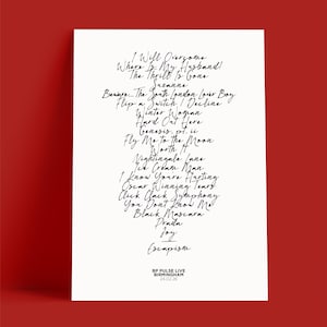 K&ouml;nnte beinhalten: Ein wei&szlig;es Poster mit schwarzen handgeschriebenen Songtiteln, darunter "Worth H" und "Joy". Das Poster hat einen roten Hintergrund und enth&auml;lt den Text "BP PULSE LIVE BIRMINGHAM 24.02.26."