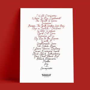 K&ouml;nnte beinhalten: Ein wei&szlig;es Poster mit rotem Rand zeigt eine Liste von Songtiteln in roter Schrift. Zu den Titeln geh&ouml;ren "The Thrill Is Gone", "Nightingale Lane" und "Escapism". Das Poster enth&auml;lt auch den Text "BP PULSE LIVE BIRMINGHAM 24.02.26."