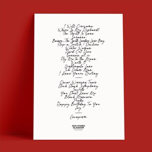 K&ouml;nnte beinhalten: Ein wei&szlig;es Poster mit schwarzem, handgeschriebenem Text. Der Text enth&auml;lt Songtitel und Phrasen wie "I Will Overcome" und "Happy Birthday To You." Das Poster tr&auml;gt auch den Text "Escapism" und "OVO HYDRO GLASGOW 20.02.26."