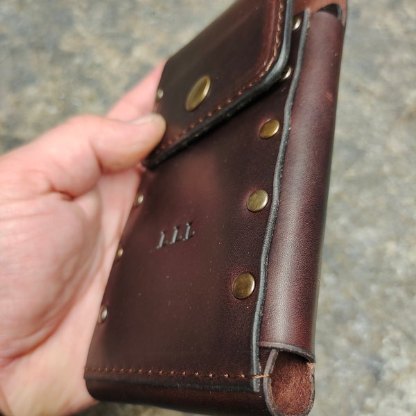 NEW style handmade Sleeve wallet from Oxblood brown color leather iPhone 15 all models cell phone case with pocket card IDinitials belt loop