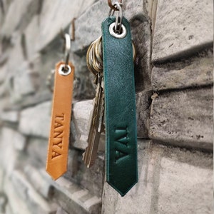 Peut inclure: Deux porte-clés en cuir avec les noms "Tanya" et "Iva" écrits dessus. Les porte-clés sont accrochés à un crochet sur un mur en pierre.