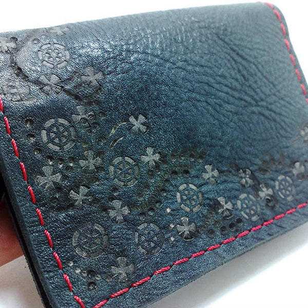 Sale Handcrafted black cowhide vintage with hand carved leather cardholder/ wallet /case/business cards/ cash purse, free monogrammed