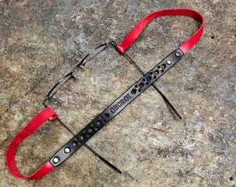 Handmade Leather Glasses Strap: Black Neck Cord with Red Accents