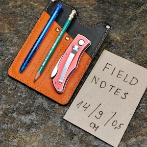May include: A brown leather wallet with an orange interior, holding a blue pen, a green pencil, and a red pocket knife. The wallet is sitting on a brown and green textured surface, next to a brown paper notepad with the text "FIELD NOTES 14/9/05 CH".