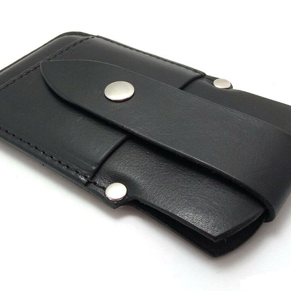 Nueva y elegante funda para Iphone 15 Pro de cuero genuino negro grueso, bolsillo para tarjetas con hilo negro, gran protección, presilla para cinturón, iniciales libres