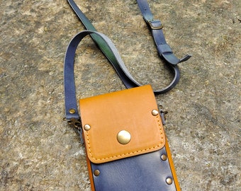 Cross body genuine leather phone bag wallet handmade style wallet from tan and navy blue genuine leather with pocket free initials belt loop