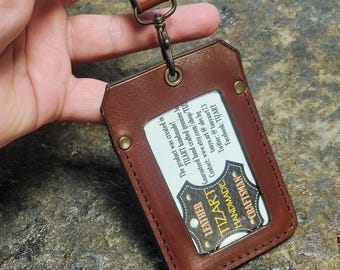 Handmade personalized brown leather security badge holder to fit card or ID card holder with a open front hole and additional card pocket
