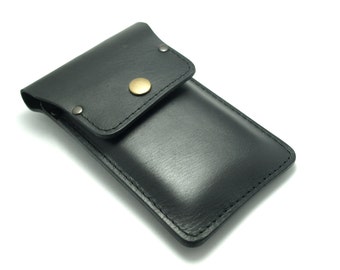 Stylish sleeve to fit Iphone X  Otter box on it ,black italian leather and black thread belt strap free initials flap