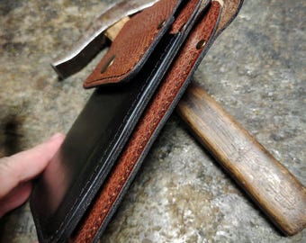Double Leather case to fit two Iphone 15 Pro max black and brown cowhide leather black thread belt loop card slot free initials