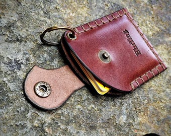 Handmade Orange Leather Card Holder Wallet with Keychain - Personalized