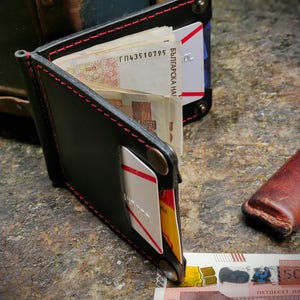 NUEVA billetera con Money Clip, bolsillos interiores y exteriores, cierres de botón a presión de latón, piel color verde oscuro y camel, iniciales gratis