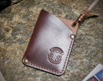 Minimalist handmade leather card holder from dark brown cowhide pocket  fits cards ID cash personalized initials gift for him ideas