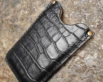 NEW style handmade cowboy phone case from black leather with crocodile effect to fit all models cell phone belt loop personalization case