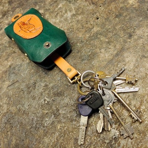 Big original keychain pouches for many keys bag with leather stamp of a raven handmade thick black / green leather holder for many keys