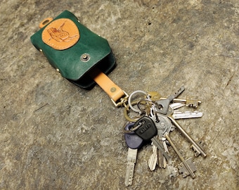 Big original keychain pouches for many keys bag with leather stamp of a raven handmade thick black / green leather holder for many keys