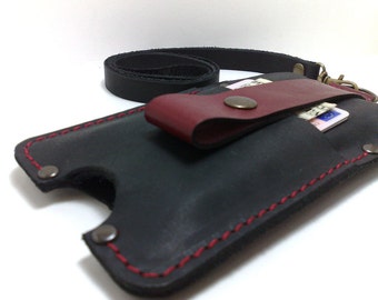 Sleeve case with black and dark red genuine leather ti fit  iphone 11 with an Otterbox on it with pocket for cards with neck strap