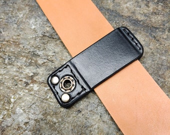 Unique black thick leather belt loop for wallet chain Handmade leather belt loop black thread Mens Accessories
