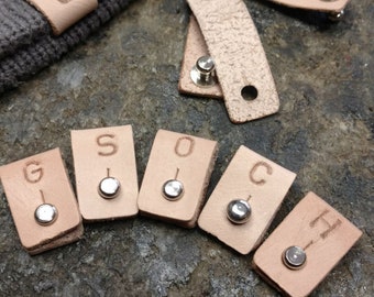 Set 3 Handmade leather tags from genuine leather metal stud / pins label cowhide Personalized tags leather tag for hat or socks gift idea