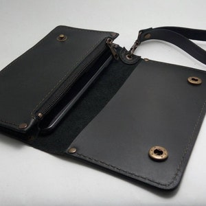 Cartera de cuero genuino italiano negro hecha a mano para Samsung Galaxy Note 9, funda para celular con bolsillo con cremallera, ranura para monedas y correa para muñeca con iniciales.
