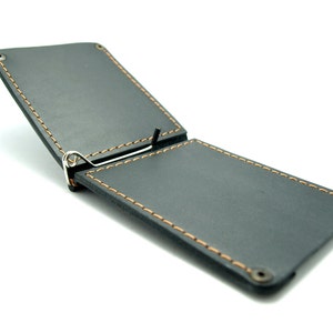 Cartera de piel italiana negra con clip para billetes, hilo naranja, iniciales, tarjetero personalizado, identificación, tarjeta, efectivo, ideas de regalo para papá.