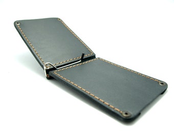 Black italian leather wallet with Money Clip ,orange thread ,initials, personalized holder / business cards ,ID ,card , cash, gift ideas dad