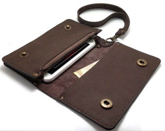 Handmade dark brown genuine leather wallet to fit iPhone XS cell case with zipper pocket for coin cards slot wrist strap initials