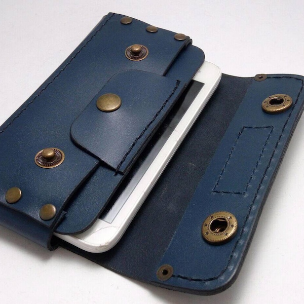 Sale- Dark blue cowhide wallet for iPhone 6 or 7 or 8 from thick genuine leather cell phone case with pocket card  with belt loop gift ideas