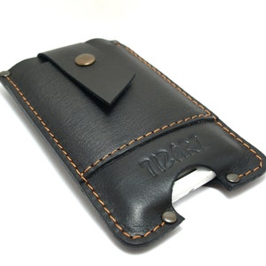 Sleeve for Iphone 6 PLUS from black with black leather pocket for cards, some cash and belt loop, initials