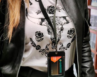 Handmade personalized black leather security badge holder to fit card or ID card holder with a open front hole and additional card pocket