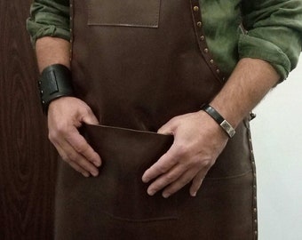 Craft style unique apron handmade brown genuine leather cow hide brass buckles Very thick and strong leather apron personalized gift ideas