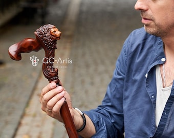 Lion Head Wooden Walking Stick Cane for men - Ergonomic Palm Grip - Right Hand