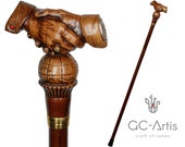 Friendship Handshake Wooden Walking Stick Cane - Unique Designer art Wood Carved Crafted Walking Cane Handle Woodcarving gift for man woman