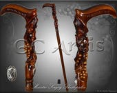 Wooden Grape Vines Walking Cane Stick - Richly Engraved Hand carved Crafted Handle Artisan Wood Art Handmade Cane Walking Stick