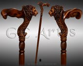 Wooden Walking Stick Cane Lion Head Palm Grip Ergonomic Handle - Animal Wood Carved Walking Cane present him her men women old elderly