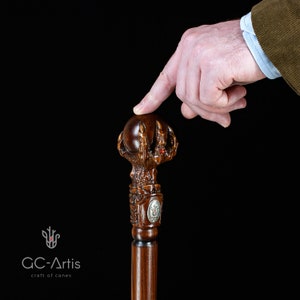 May include: A wooden walking stick with a detailed dragon head handle. The handle is carved with a red gem in the eye and a silver plaque on the side. A hand is pointing at the top of the handle.