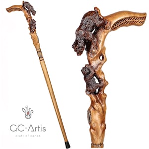 She Bear Walking Stick Cane Light Wooden - Mother with teddy bear Hand Carved Cane Wood Crafted Walking stick for men women high quality