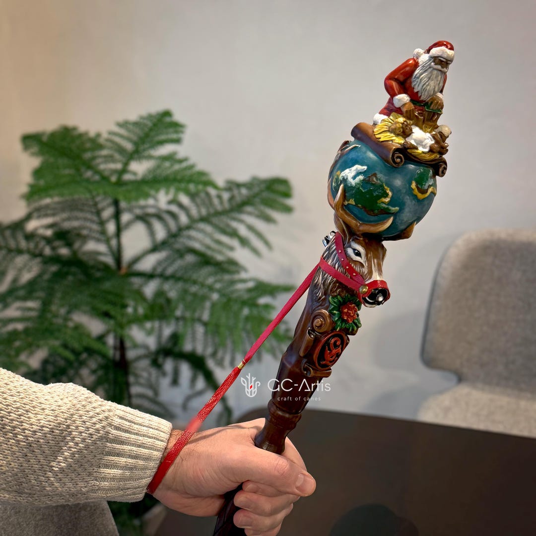 Santa Staff Hand Carved Wooden Santa Walking Staff: Reindeer Rudolph, Nativity ...