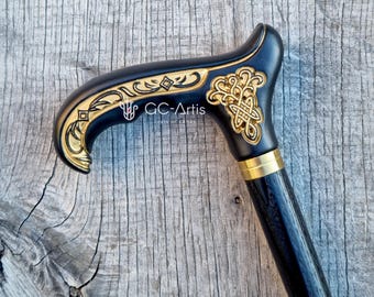Celtic Wooden Cane Walking Stick: Black Derby Handle, Classic Hand Carved Oak