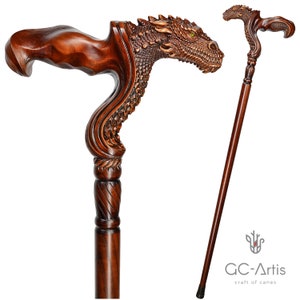 Dragon Cane wooden walking stick - ergonomic palm grip handle, wood carved fantasy walking cane for men women, comfortable best gift idea